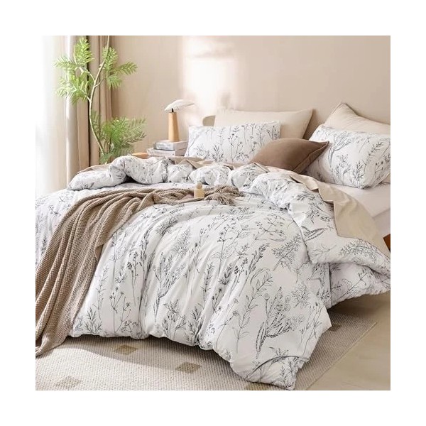 JANZAA 3 Pieces Duvet Cover Queen Size,White Duvet Cover Floral