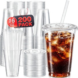 ARTLYMERS 200 Pack 16 oz Clear Plastic Cups with Lids and Straws, Crystal Iced Coffee Cups with Lids for Cold Drinks, Disposable To Go Cup for Smoothie, Dirty Soda, Lemonade, Coffee Accessories