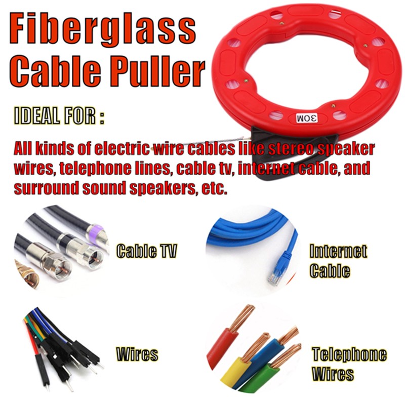 30M Fiberglass Fish Tape Reel Puller Conductive Electrical Cable Puller