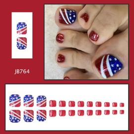 24PCS 4th of July Stars Press on Toe Nails Short Square Fake Toenails Glossy Red Blue Glitters Design Acrylic Toe Nails Independence Day Glue on Toenails Full Cover Toenails Foot Nails for Women