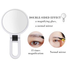 JewelryWe 15X Magnifying Mirror Dual Sided Portable Mirror Folding Rotatable Makeup Mirror with Handheld/Stand, for Bathroom, Tabletop, and Traveling, for Mother's Day