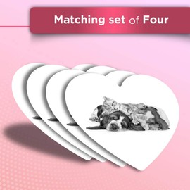 Vinyl Heart Stickers (Set of 4) - BW - Sleepy Puppy & Kittens Dog Cat Fun Decals for Laptops,Tablets,Luggage,Scrap Booking,Fridges #36243