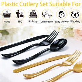 150 pcs Black and Gold Plastic Cutlery Set Disposable Heavy Duty Plastic Knives Forks and Spoons Silverware Utensils Set for 50 Guests Retirement Party Graduation Disposable Flatware Sets