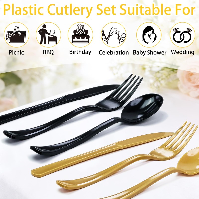 150 pcs Black and Gold Plastic Cutlery Set Disposable Heavy