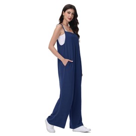 Tanmolo Women's Jumpsuit Elegant Summer Short Sleeve Jumpsuit Wide Leg Romper with Pockets Dungarees, navy blue
