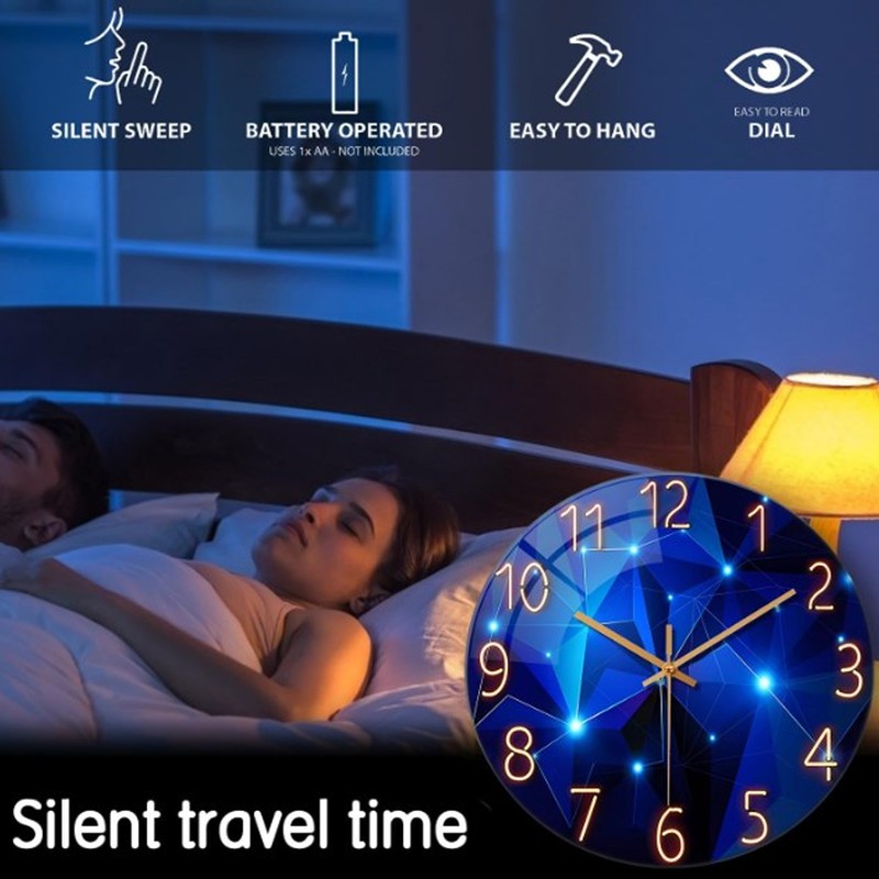 30cm Glass Blue Wall Clock for Living Room Decor Silent