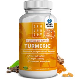 Grounded Turmeric Tablets 2,200mg with Black Pepper & Ginger 35:1 Extract | 2 Month Supply, 120 Tablets | High Strength Herbal Curcumin Supplement | Natural Anti Inflammatory & Antioxidants | Vegan UK