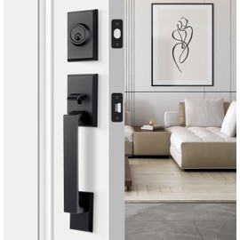 LOQRON Front Door Handleset Heavy Duty Door Handle and Deadbolt Lock Set, Square Entry Handle Set with Single Cylinder Deadbolt for Right & Left Handed Doors, Matte Black