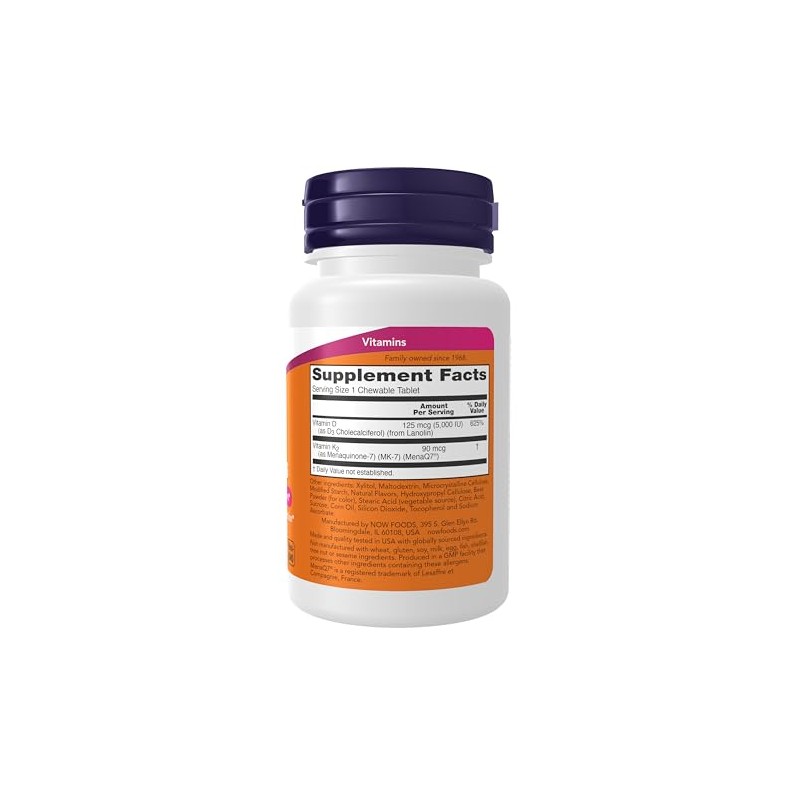 NOW Supplements, Vitamin D3 & K2, 5,000 IU/90 mcg, Plus