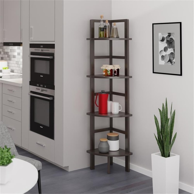 Pemberly Row Corner Transitional Solid Wood Baker's Rack in Coffee