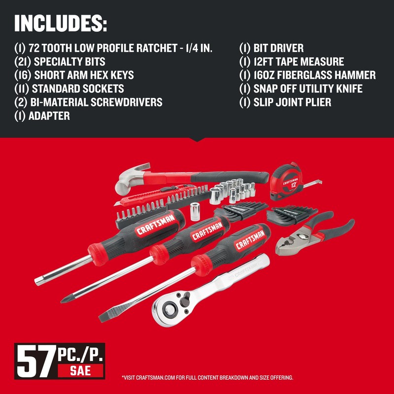 CRAFTSMAN 57 Piece Mechanics Tool Set Home Tool Set, Sockets,