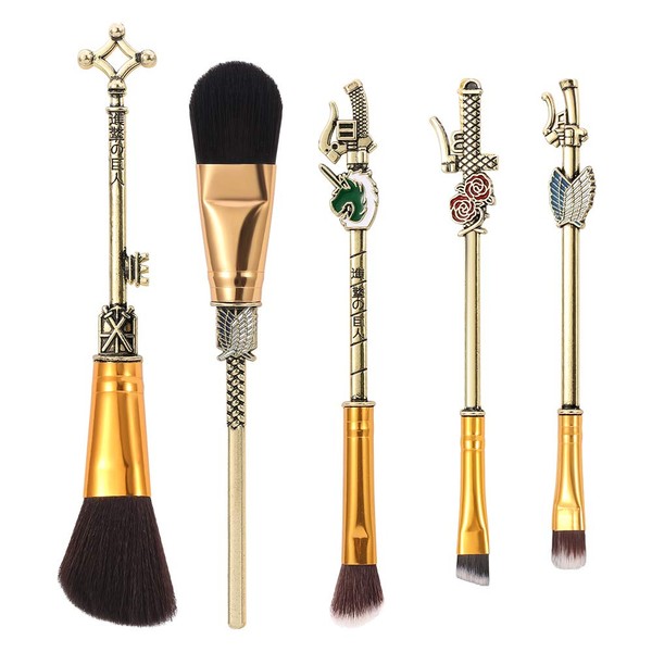 Attack on Titan Makeup Brush Set with 5 Pieces Anime Peripheral Wings of Liberty Cosplay Gold Premium Synthetic Foundation Eyeshadow Brush Set Best Gift Tools for Young Girls Women