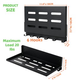 OPSELU Small Folding Metal Shelf with Hooks, Fold-up Wall Shelf, 6 Hooks, Drop Down Floating Shelf for Laundry Room, Kitchen, RV, Toilet Room, Garage, Utility, Black（11.8", 1 Pack）