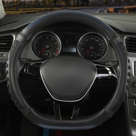 WJMZ D Shaped Steering Wheel Cover Great Grip with 3D Honeycomb Hole, Anti-Slip Sporty Design, Universal 15 inch(Black with Blue)