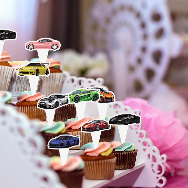 Lyosehy 48PCS Race Car Cupcake Toppers - 8 Designs, 6pcs