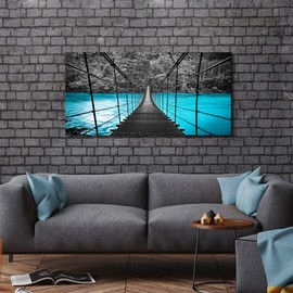 the stream design Bedroom Bridge Canvas Wall Art: Modern Large Living Room Black Forest Picture Relaxing Blue Water Scene Print Painting 40x20 Horizontal Home Nature Landscape Artwork