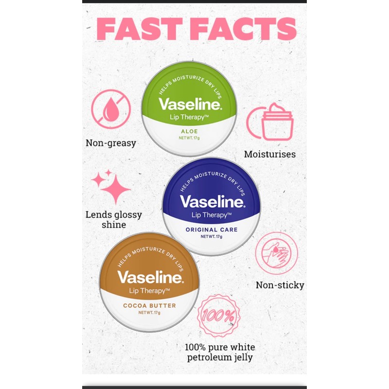 Vaseline Petroleum Jelly Lip Balms - THREE 20g Pocket Size