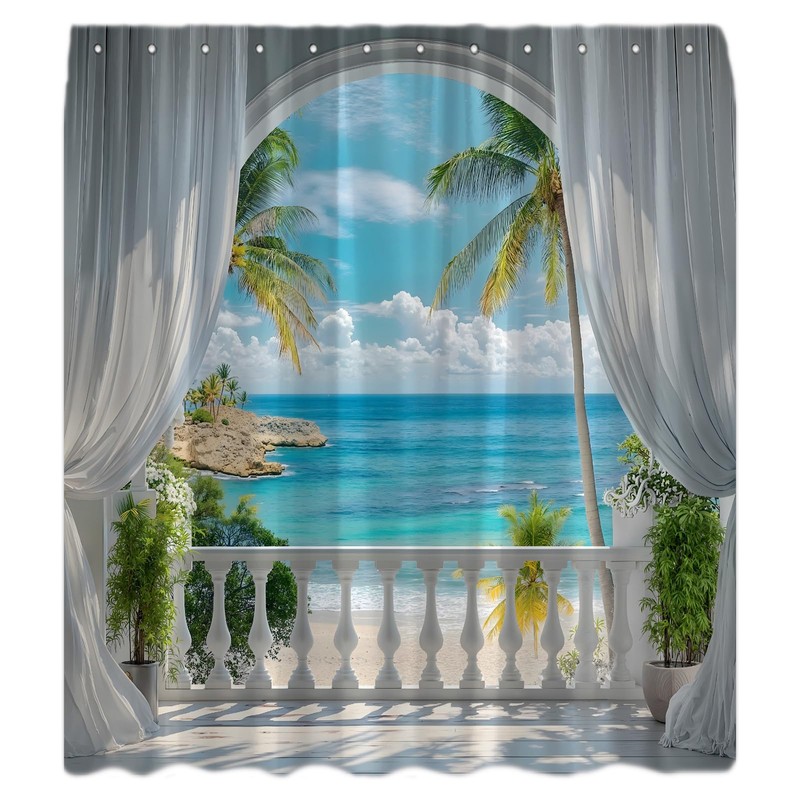 HUSPWP Ocean Beach Shower Curtain, Tropical Hawaiian 70x70IN