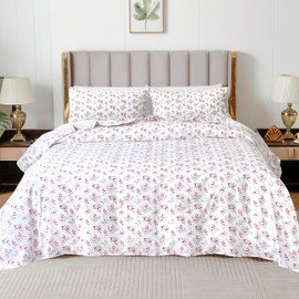 Elegant Comfort Ultra Soft 4-Piece 100% Turkish Cotton Flannel Sheet Set - Holiday Christmas Flannel Sheets, Warm and Cozy Premium Quality, Deep Pocket Fitted Sheet- Full, Holly Flower