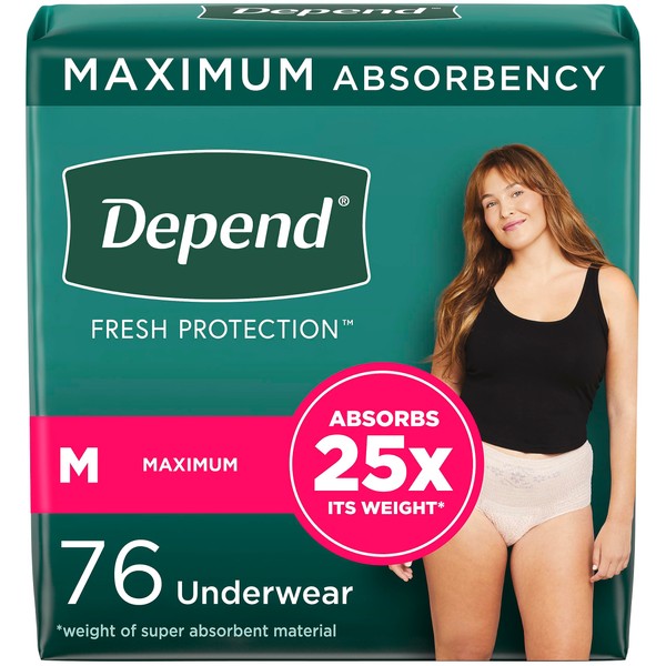Depend Fresh Protection Adult Incontinence Underwear for Women (Formerly Depend Fit-Flex), Disposable, Maximum, Medium, Blush, 76 Count, Packaging May Vary