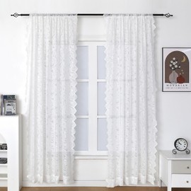 GARSTYLE Floral Tulle Lace Rod Pocket Curtain for Windows with Scalloped Edges, 54 x 84 Inch, 2 Panels, White