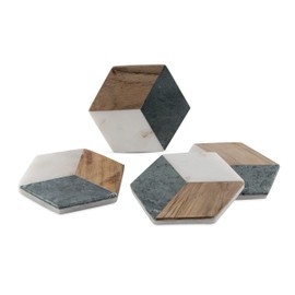 GoCraft Hexagon Geometric Coasters | Handcrafted Geometric Coasters with Green for your Drinks, Beverages & Wine/Bar Glasses | Green Marble & Wood Inlay on White Marble Base (Set of 4)