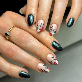 Short Press on Nails Almond Fake Nails with Floral Patterns Designs Dark Green Glitter Acrylic Nails Nude Full Cover Glue on Nails Glossy Stick on Nails for Women 24 Pcs