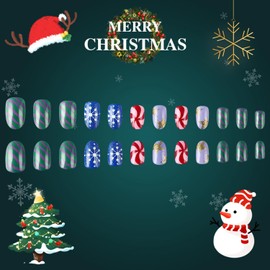 Christmas Press on Nails Medium Oval French Tip Fake Nails Multicolor False Nails with Designs Snowflake Star Candy Full Cover Glue on Nails Glossy Acrylic Nails for Women Girls 24 Pcs