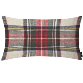 EKOBLA Plaid Lumbar Pillow Covers Scottish Tartan Red and White Pattern Symmetric Decorative Pillows Case Home Waist Lumbar Cotton Linen Pillowcases Oblong Rectangle 12x20 Inches