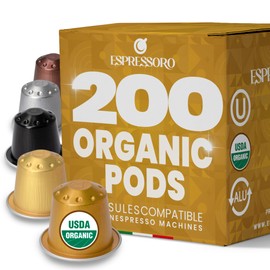 ESPRESSORO 200 USDA Organic Espresso Pods - VARIETY PACK Aluminum Capsule Compatible with Nespresso Original Lines Machines. Assorted Premium Italian Expresso Coffee Capsules