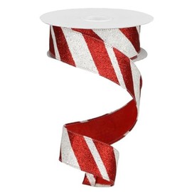 Candy Cane Striped Wired Glitter Ribbon for Christmas Bows, Wreaths, Floral Arrangements, Crafts and Decorations - Red, White, 1.5" Inches Wide x 10 Yards