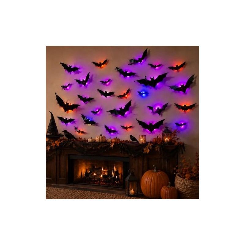 KIROGILY Halloween Decoracion, 24 murcielagos con luz 3D para Decoracion