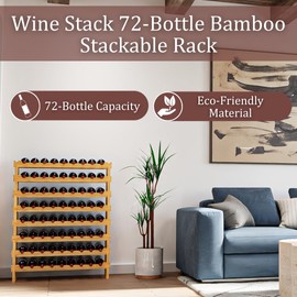 Wine Stack 72 Bottle Bamboo Stackable Freestanding Wine Rack, No Tools Assembly, Durable, Wine and Liquor Bottle Storage for Small Spaces