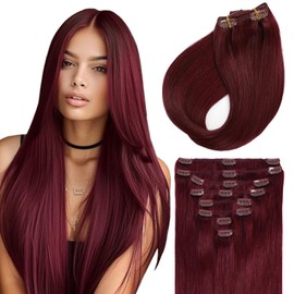 Sunya Clip in Hair Extensions Real Human Hair 7 Pcs Human Hair Clip in Extensions 14 Inch Straight Double Weft Remy Human Hair Extensions Clip ins for Women #99J Burgundy 70G