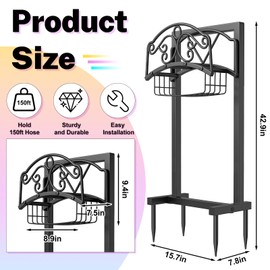 jsyonii Garden Hose Holder, Heavy Duty Water Hose Holder Holds 150ft, Freestanding Metal Hose Stand Hose Hanger with 4 Spikes, Detachable Hose Storage Hose Reel Rack for Outside Yard Lawn Farm