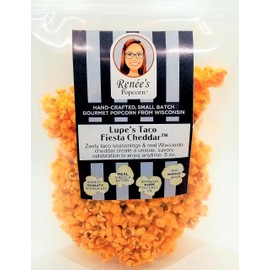 Renée’s Lupe’s Taco Fiesta™ Gourmet Popcorn - real Wisconsin cheddar cheese, zesty taco seasonings are savory on fresh popped corn, snack or gift – resealable, 5oz family size bag.