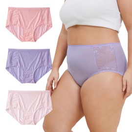 INNERSY Women's Plus Size Floral Lace Nylon Underwear High Waisted Panties 3-Pack(Lavender Blush,3X-Large)