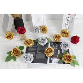 20 rosas doradas artificiales, rosas falsas, flores de seda de aspecto real, a granel, grandes flores de imitación con tallos para centros de mesa de mesa, decoración del hogar, fiesta