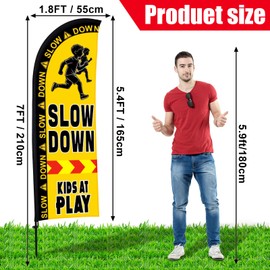 Buryeah 2 Sets Slow Down Kids at Play Feather Flag with Pole Kit and Ground Stake 7ft Double-sided Safety Banner Sign Kids at Banner Flag for Streets, Yards and Driveways Outdoors