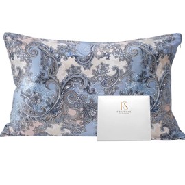 FELYSIK Blue Gray Paisley Silk Pillowcase for Hair and Skin - Queen 20"x30", 22 Momme 100% Mulberry Silk Floral Print Pillow Cases with Zipper