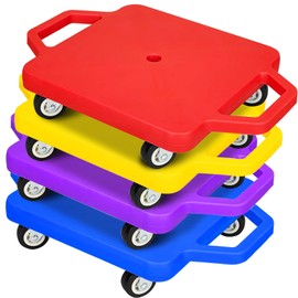 4 Pcs Sports Scooter Board with Handles Sitting Scooter Board Colored Plastic Casters Sport Floor Scooter Board for Children Gym Indoor Outdoor Activities Play Equipment