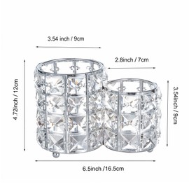 Feyarl Makeup Brush Case, Brush Stand, Crystal Brush Holder, Cosmetic Brush Holder, Cylindrical Shape, Two Compartments Pen Holder, Silver