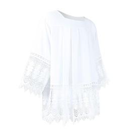 MYAYD White Surplice Pastor Robe Catholic Pleated Lace Liturgical Short Sleeves Shirt Top (White, L)