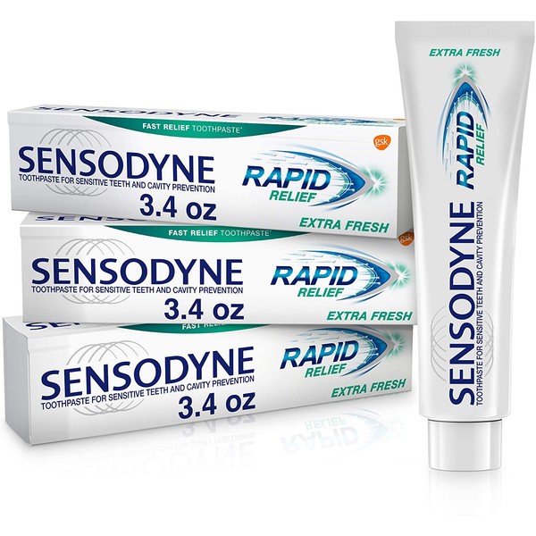 Sensodyne Rapid Relief Sensitive Fluoride Toothpaste, Basic, Extra Fresh, 3.4 Ounce (Pack of 3), 10.2 Ounce