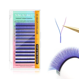 NAGARAKU YY 4D Eyelash Extensions Blue + Purple Color Y Lash 0.07mm D Curl Mix Tray 8-12mm Ready Made Easy Fan Russian Volume Cluster 12 Rows Pre-Fan Eyelashes