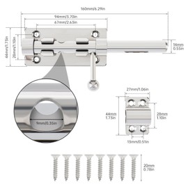 HOJLKLD Sliding Bolt Gate Latch, 2Pcs 6.3 Inch 304 Stainless Steel Barrel Bolt Latch with 10 mm Padlock Hole, 14 mm Bolt Heavy Duty Silver Door Latch Lock