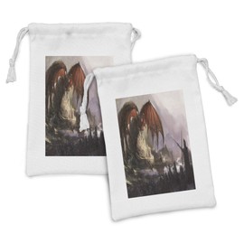 Lunarable Dragon Fabric Pouch Set of 2, Medieval Fantasy and Dark Knights Scene Fortress Castle Image, Small Drawstring Bag for Toiletries Masks and Favors, 9" x 6", Coral and Grey