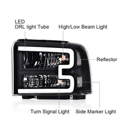 G-PLUS LED DRL BAR Headlight Assembly Compatible with Ford F250 F350 F450 F550 Super Duty 05-07 /Fit Ford Excursion 05 HeadLamps LH & RH Clear lens Black Housing White Reflector FO2503217 6C3Z13008CB