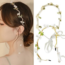 2 PCS Rose Flower Pearl Flower Wedding Headband with Tassel,Gold Floral Hair Hoop Band Hair Vine Vintage Decorative Headwear Headpieces Hair Accessories for Women and Girls Headdress