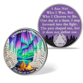 BraveBloom 1 Year Aurora Bonfire Sobriety Coin – One Day at a Time AA Medallion with Northern Lights Design – Meaningful Alcoholics Anonymous Recovery Token – Sobriety Gifts for Women Men